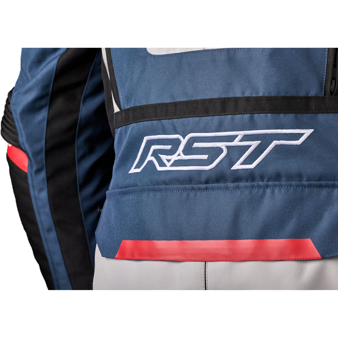 RST Pro Series Adventure-X CE Jacket Silver/Blue/Red - Close-Up of Stitched Logo on Back