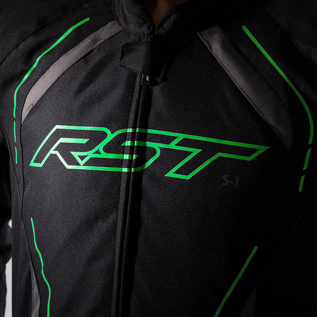 RST S1 CE Jacket Black/Grey/Neon Green - Close-Up of Front Logo Graphic