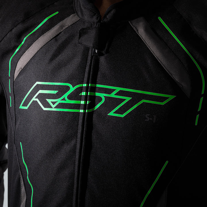 RST S1 CE Jacket Black/Grey/Neon Green - Close-Up of Front Logo Graphic