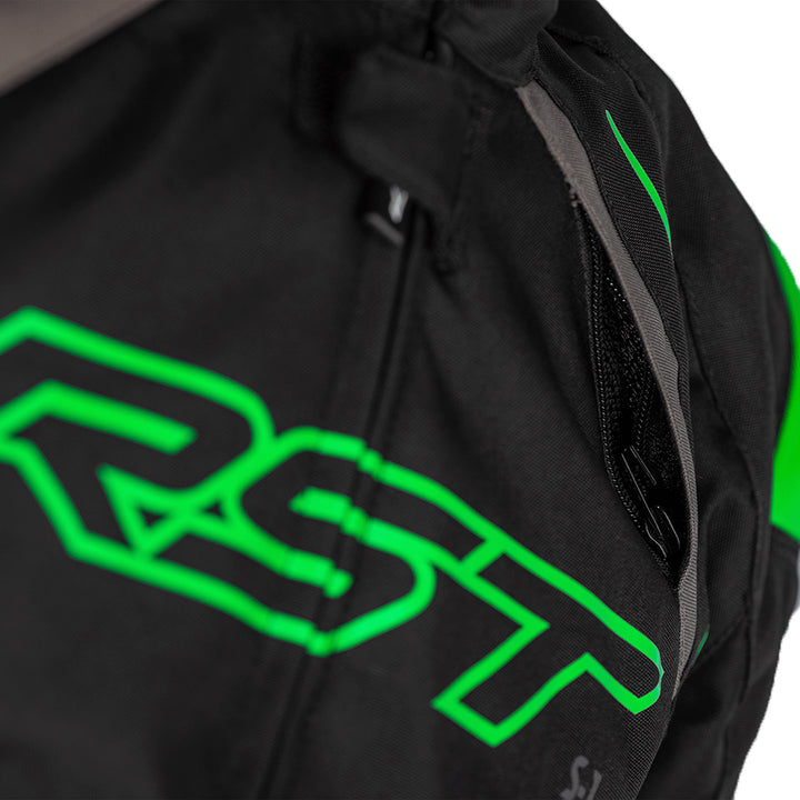 RST S1 CE Jacket Black/Grey/Neon Green - Close-Up of Open Front Shoulder Vent