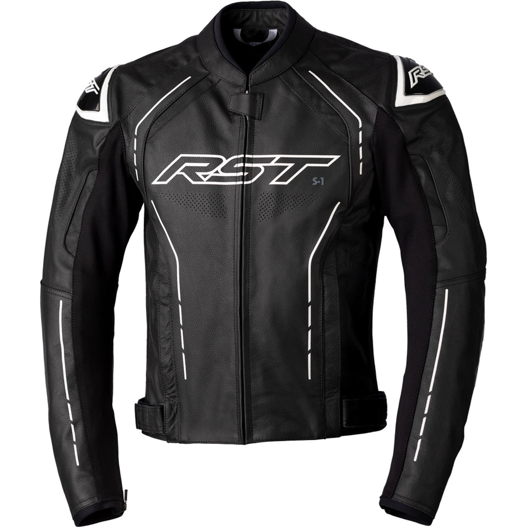 RST S1 CE Leather Jacket Black/Black/White - Front View
