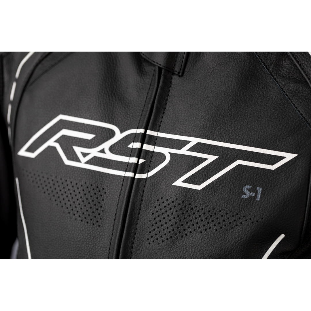 RST S1 CE Leather Jacket Black/Black/White - Close-Up of Chest Logo Graphic