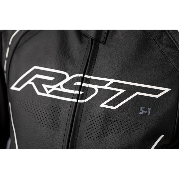RST S1 CE Leather Jacket Black/Black/White - Close-Up of Chest Logo Graphic