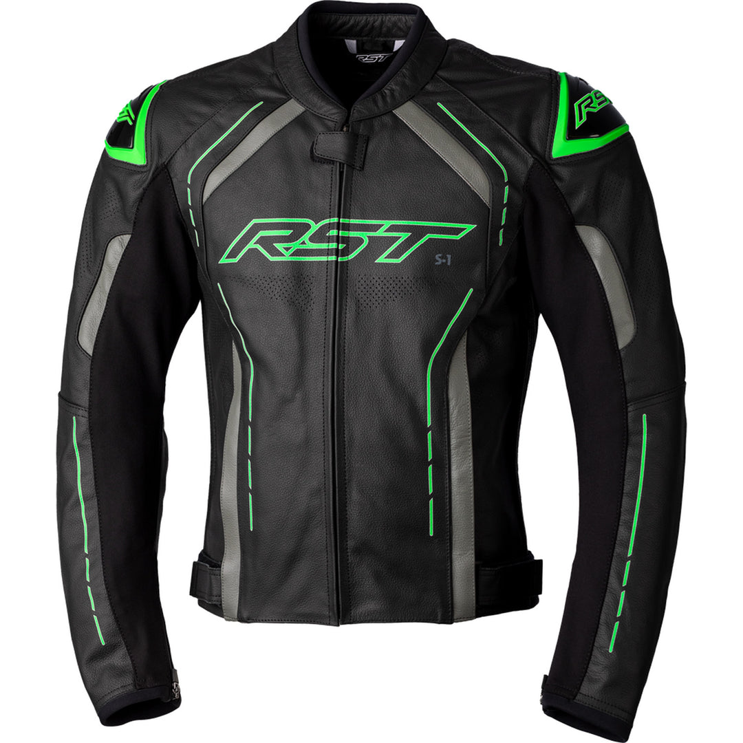 RST S1 CE Leather Jacket Black/Grey/Neon Green - Front View