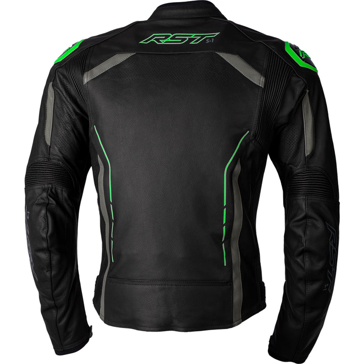 RST S1 CE Leather Jacket Black/Grey/Neon Green - Rear View