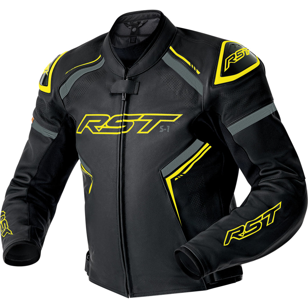 RST S1 D3O Leather Jacket Black/Grey/Flo-Yellow - Front View