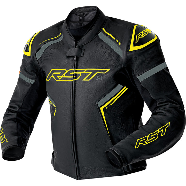 RST S1 D3O Leather Jacket Black/Grey/Flo-Yellow - Front View