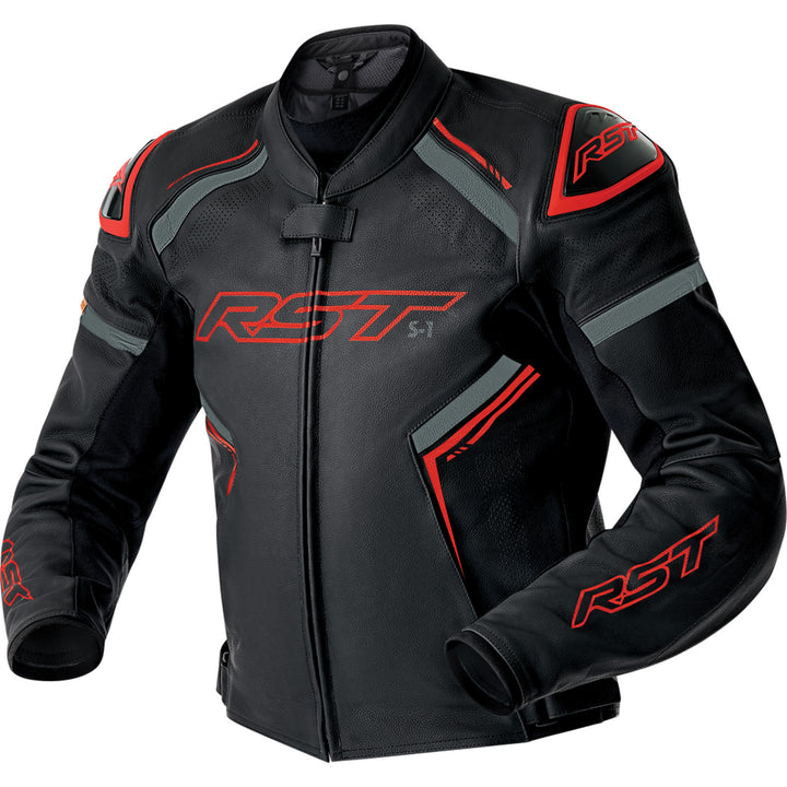 RST S1 D3O Leather Jacket Black/Grey/Red - Front View