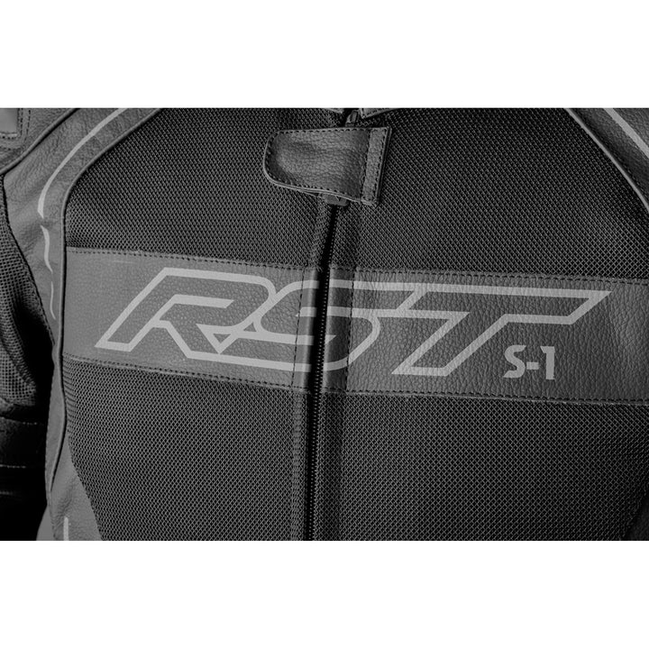 RST S1 Mesh CE Leather Jacket Black/Black - Close-Up of Chest Mesh Panels and Logo Graphic
