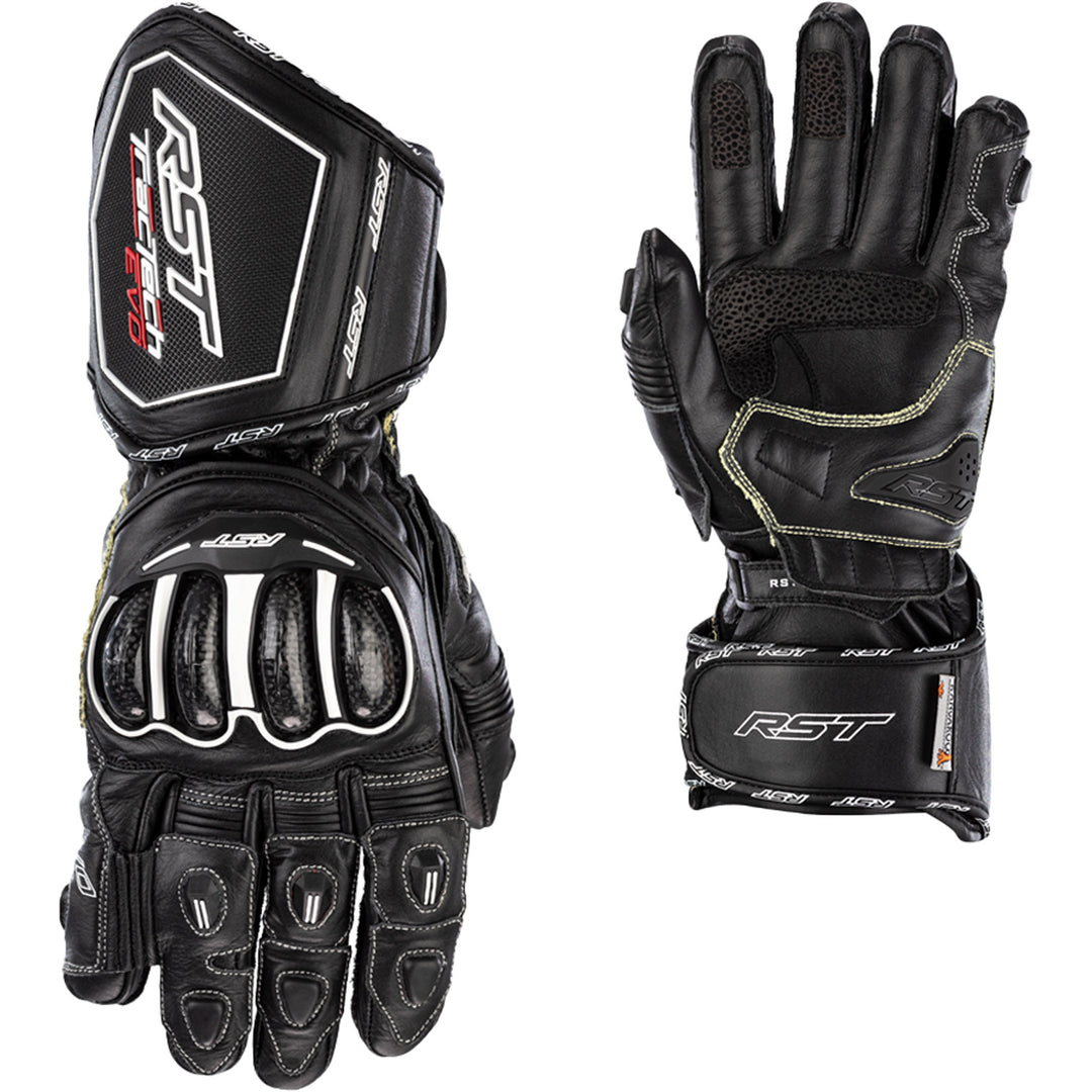 RST Tractech Evo 4 CE Gloves Black/Black/Black - Back of Hand and Palm Views of Pair, Side-by-Side