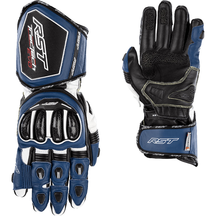 RST Tractech Evo 4 CE Gloves Blue/White/Black - Back of Hand and Palm Views of Pair, Side-by-Side
