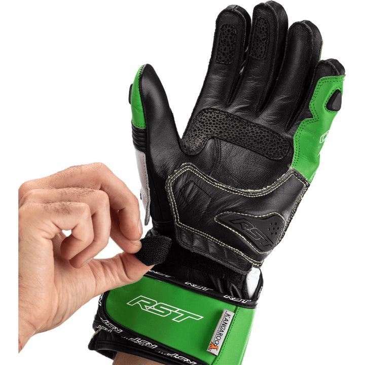 RST Tractech Evo 4 CE Gloves Neon Green/Black - Palm View of Model Adjusting Wrist Strap