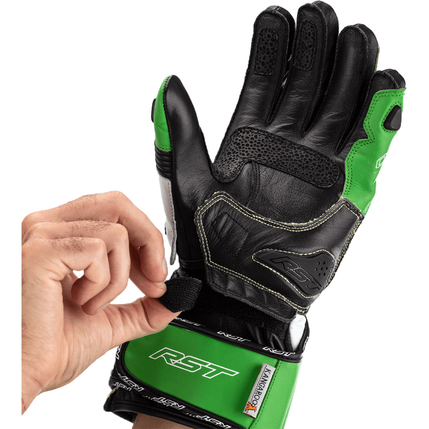RST Tractech Evo 4 CE Gloves Neon Green/Black - Palm View of Model Adjusting Wrist Strap