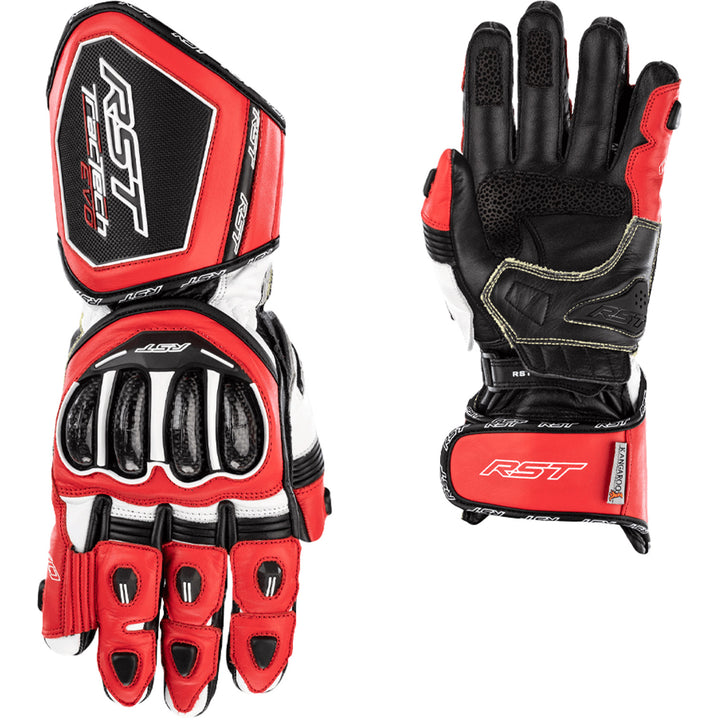 RST Tractech Evo 4 CE Gloves Red/White/Black - Back of Hand and Palm Views of Pair, Side-by-Side
