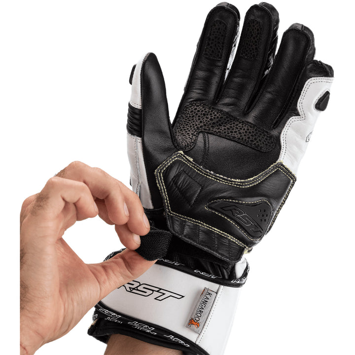 RST Tractech Evo 4 CE Gloves White/White/Black - Palm View of Model Adjusting Wrist Strap