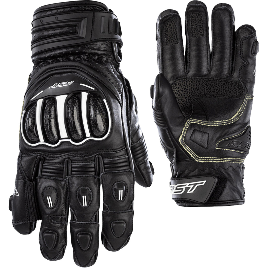 RST Tractech Evo 4 Short CE Gloves Black/Black/Black - Back of Hand and Palm Views of Pair, Side-by-Side