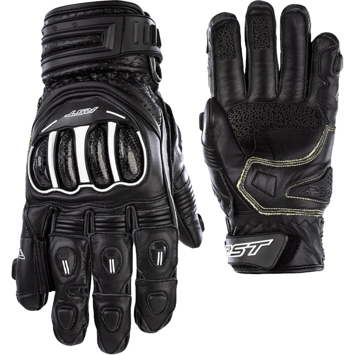 RST Tractech Evo 4 Short CE Gloves Black/Black/Black - Back of Hand and Palm Views of Pair, Side-by-Side