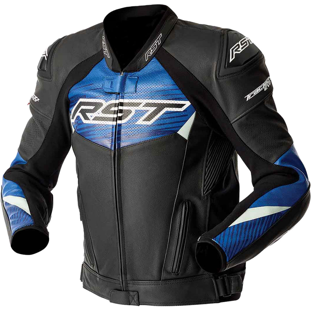 RST TracTech Evo 5 D3O Leather Jacket Black/Blue - Front View