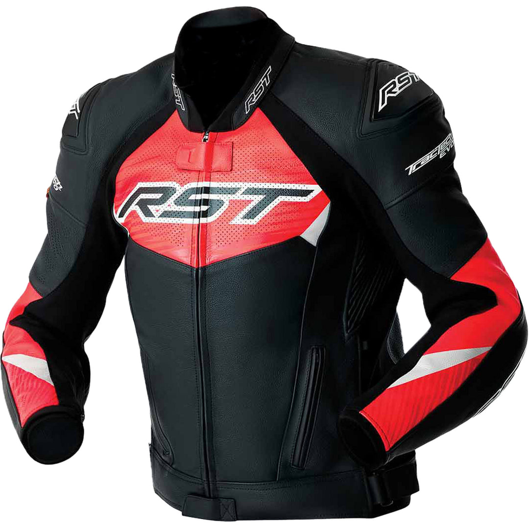 RST TracTech Evo 5 D3O Leather Jacket Black/Flo-Red - Front View