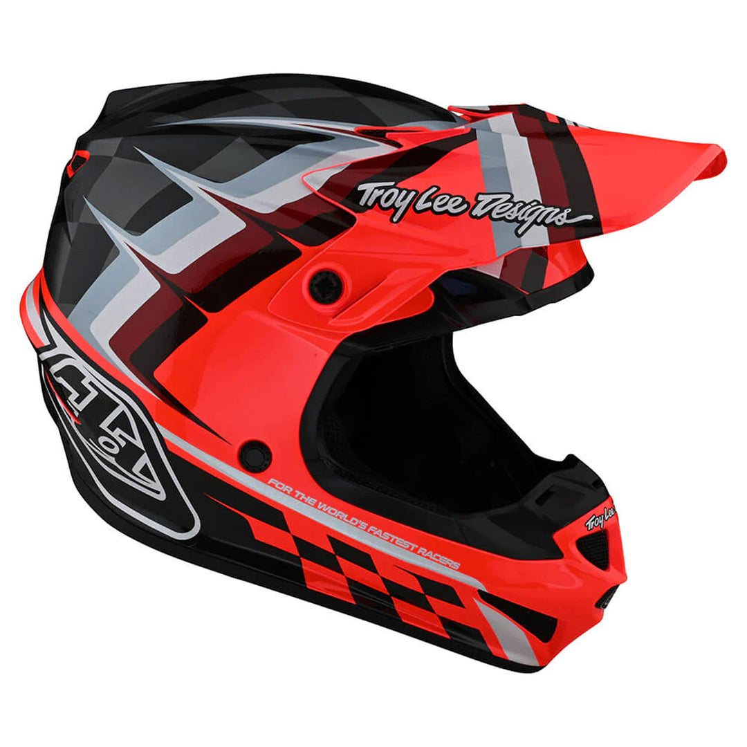 Troy Lee Designs Youth SE4 Polyacrylite Helmet w/MIPS - Warped Glo Red - Front Right Side View