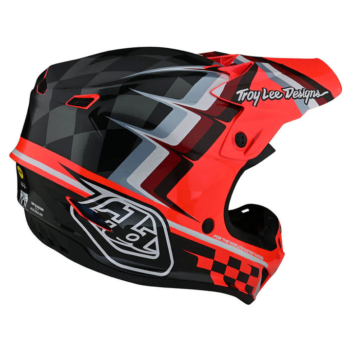 Troy Lee Designs Youth SE4 Polyacrylite Helmet w/MIPS - Warped Glo Red - Rear Right Side View