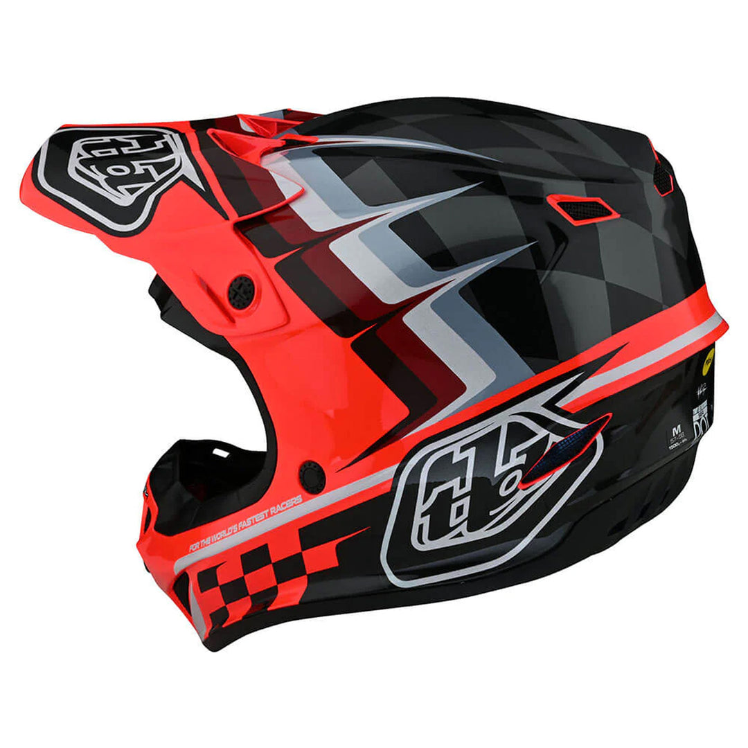 Troy Lee Designs Youth SE4 Polyacrylite Helmet w/MIPS - Warped Glo Red - Rear Left Side View