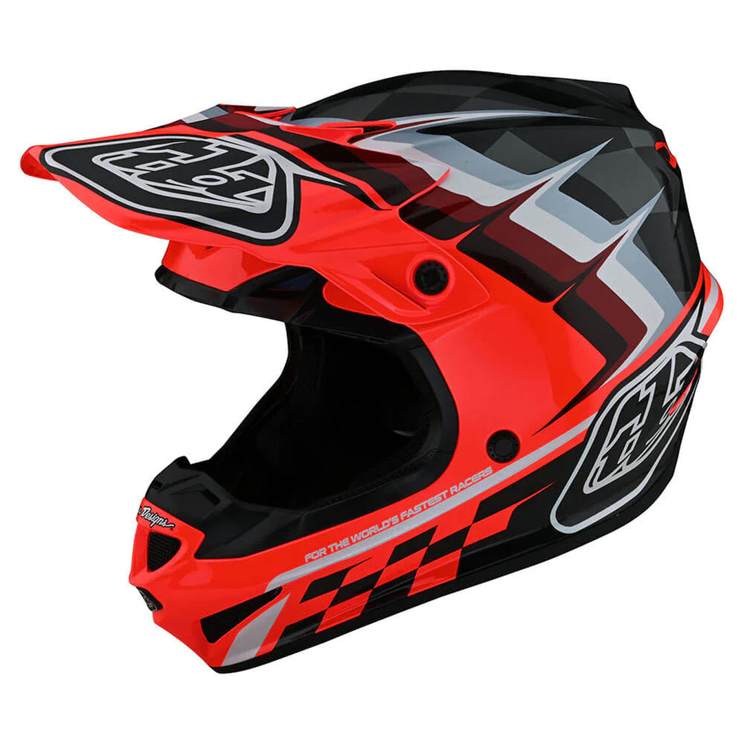Troy Lee Designs Youth SE4 Polyacrylite Helmet w/MIPS - Warped Glo Red - Front Left Side View