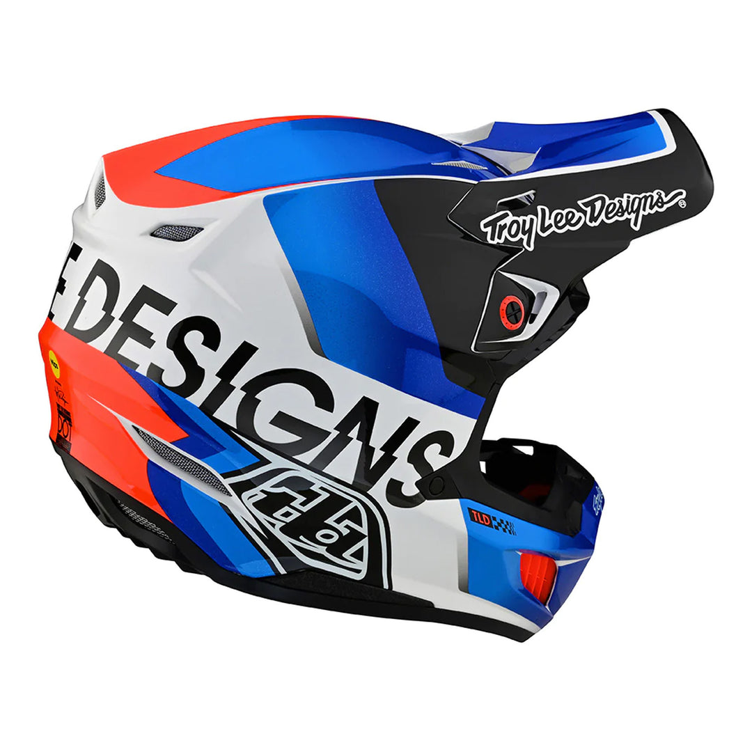 Troy Lee Designs SE5 Composite Helmet w/MIPS - Qualifier White/Blue - Rear Right Side View