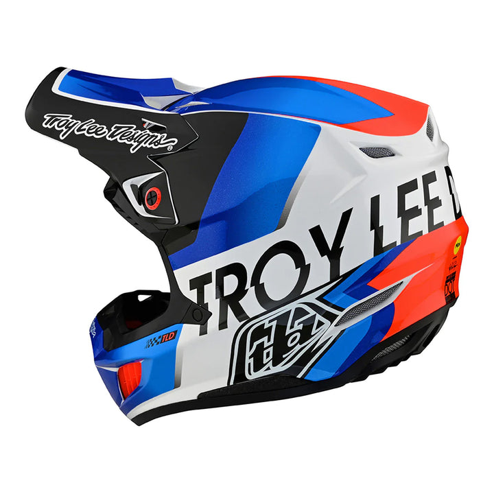 Troy Lee Designs SE5 Composite Helmet w/MIPS - Qualifier White/Blue - Rear Left Side View