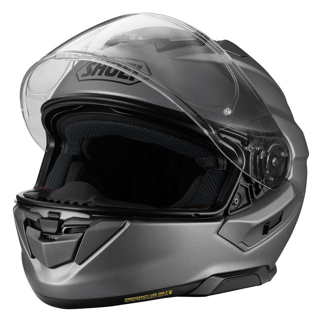 Shoei GT-Air 3 Solid Helmet Matte Deep Grey - Front Side View with Faceshield Raised