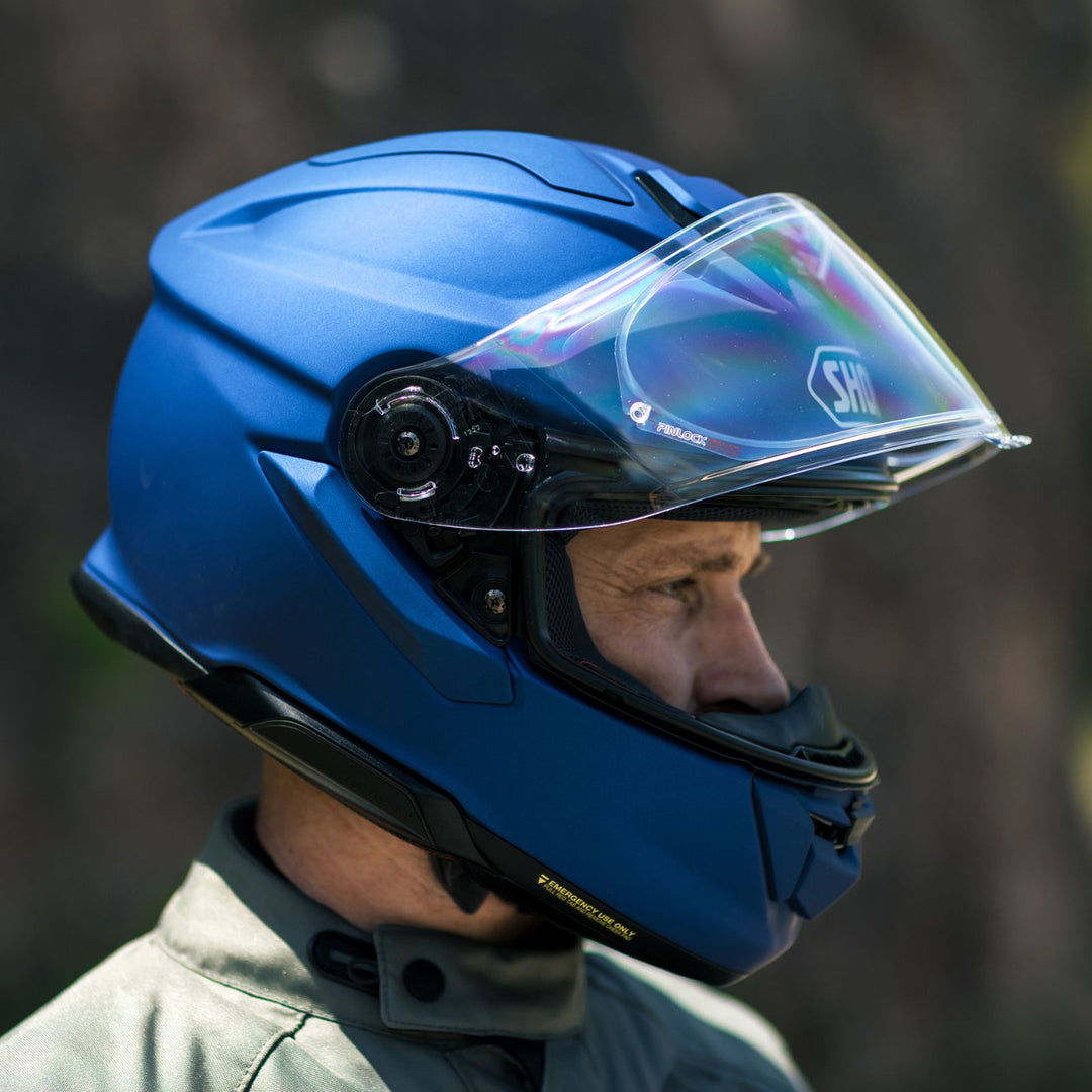 Shoei GT-Air 3 Solid Helmet Matte Blue - Lifestyle Close-Up of Rider Wearing Helmet