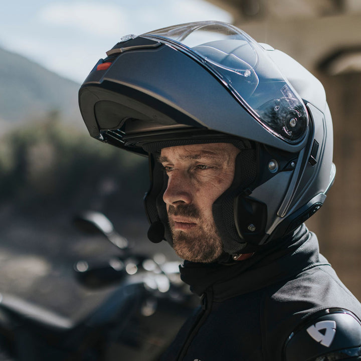 Shoei Neotec 3 Solid Helmet Anthracite Metallic - lifestyle shot of rider wearing helmet