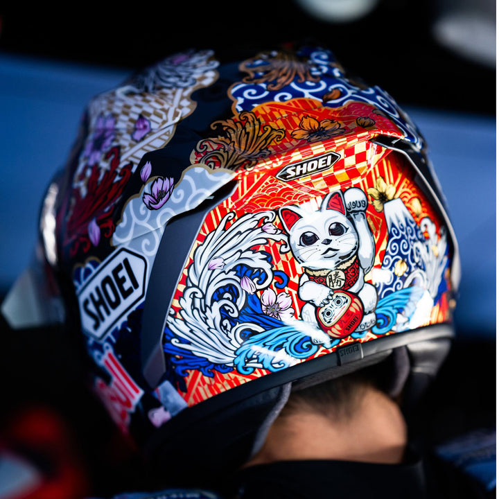 Shoei X-15 Marquez Motegi 5 Helmet TC-1 - Lifestyle Close-Up Rear Shot of Helmet worn by MotoGP Rider Marquez