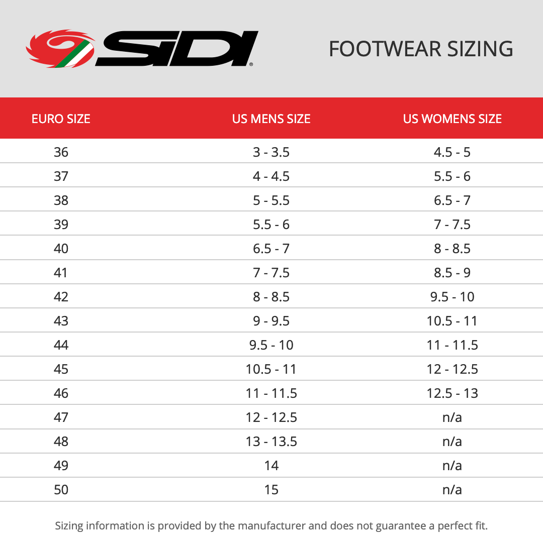 Sidi X Power SC LEI Boots - Size Chart