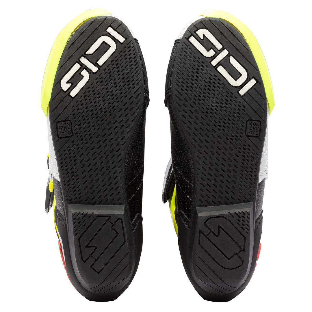 Sidi MAG-2 Air Boots Fluo Yellow/Fluo Coral - Sole View of Pair
