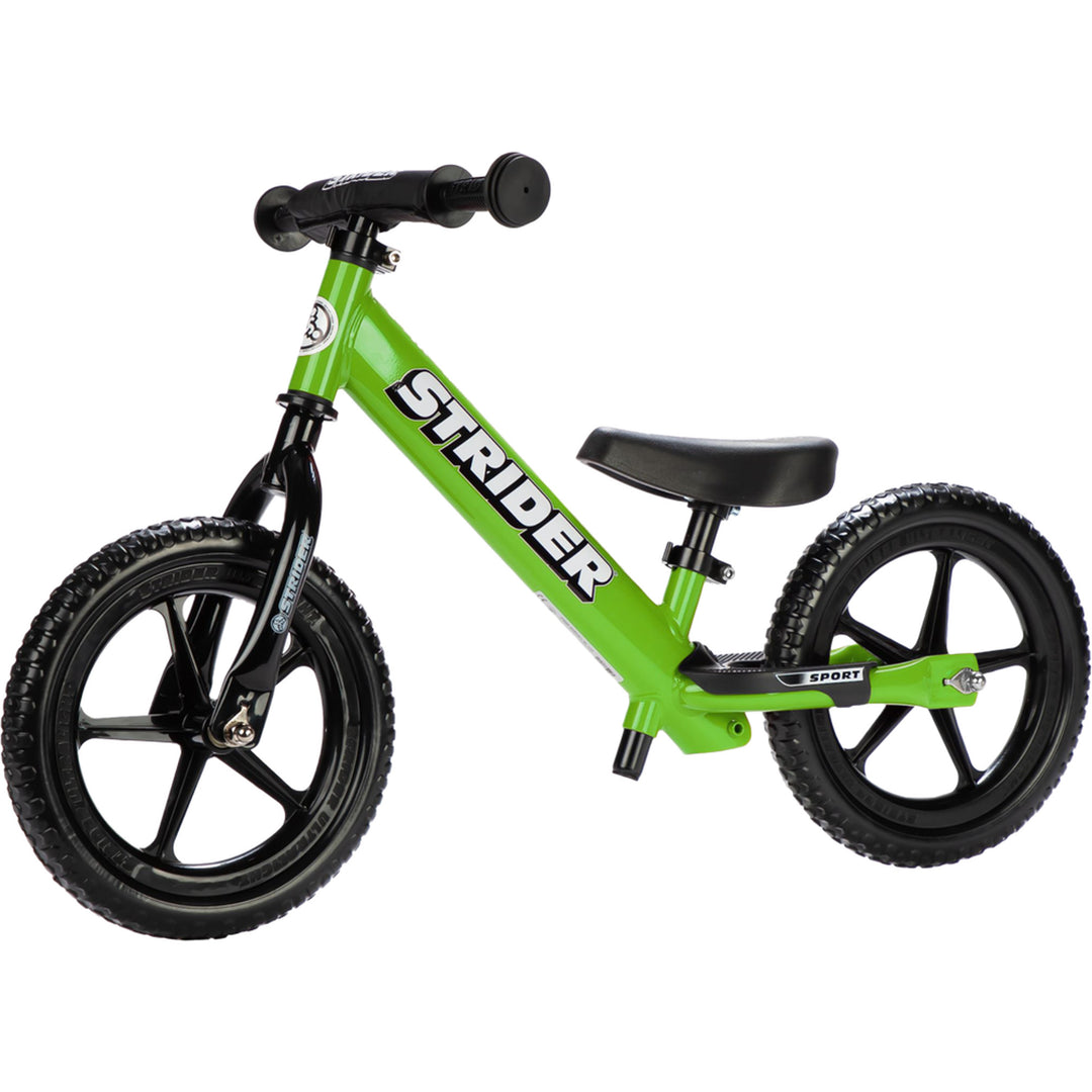 Strider 12 Sport Bike Green - Angled Side View