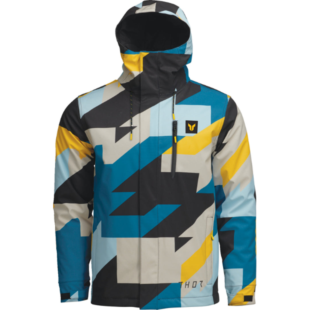 THOR Brave Tour Jacket Blue/Yellow - Front View with Hood Up