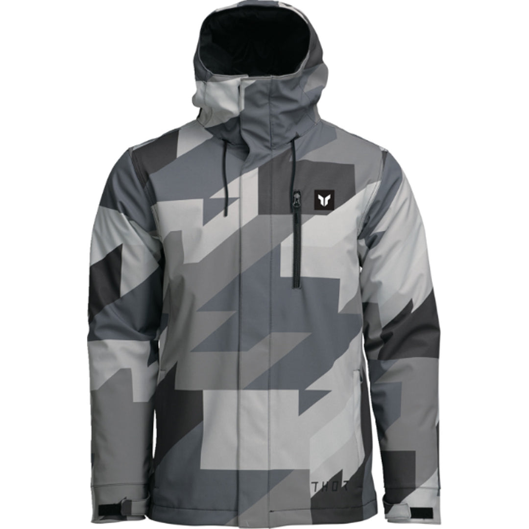 THOR Brave Tour Jacket Gray/Black Camo - Front View with Hood Up