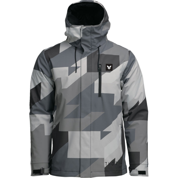 THOR Brave Tour Jacket Gray/Black Camo - Front View with Hood Up