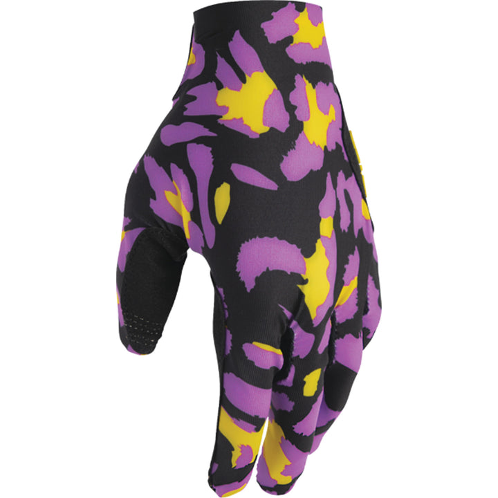 THOR SPORTMODE Cheetah Gloves Yellow/Purple - Angled Back of Hand View from Thumb Side