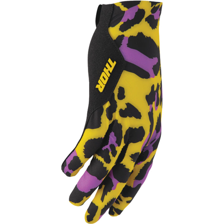 THOR SPORTMODE Cheetah Gloves Yellow/Purple - Angled Back of Hand View from Pinky Side