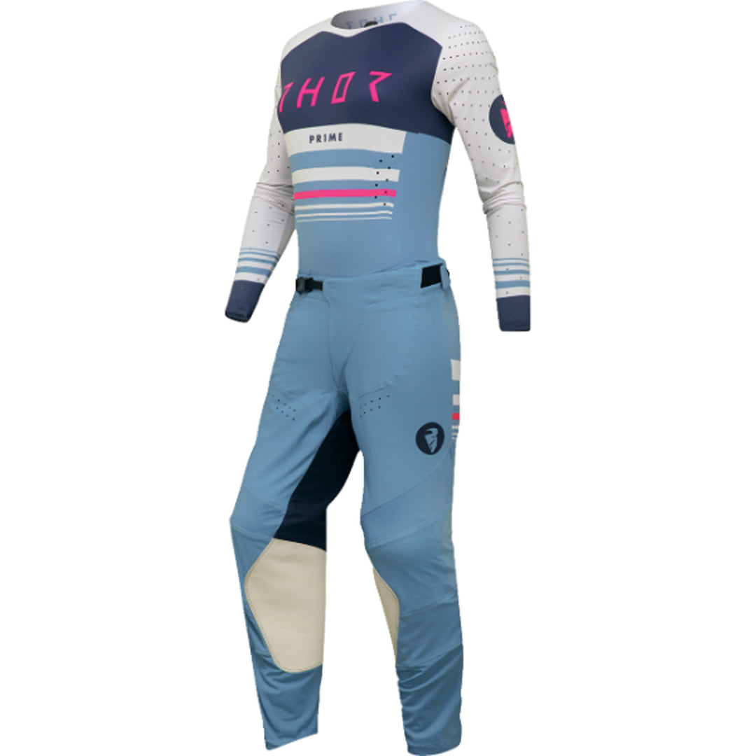 THOR Women's Prime Blaze Jersey Blue Steel/Vintage White - Front View with Pants