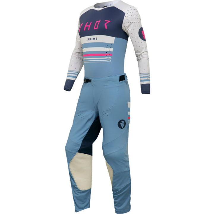 THOR Women's Prime Blaze Jersey Blue Steel/Vintage White - Front View with Pants