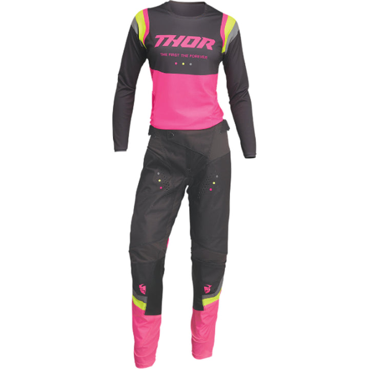 THOR Women's Pulse REV Pants Charcoal/Pink - Front View with Jersey