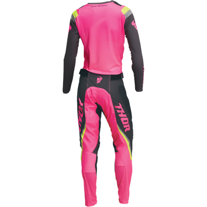 THOR Women's Pulse REV Pants Charcoal/Pink - Rear View with Jersey