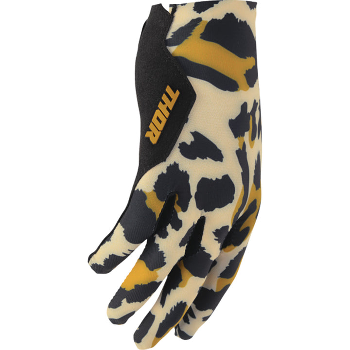 THOR Women's SPORTMODE Cheetah Gloves Tan/Black - Angled Back of Hand View from Pinky Side