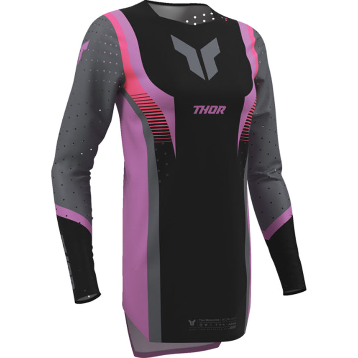THOR Women's SPORTMODE Velocity Jersey Black/Orchid - Front Right Side View