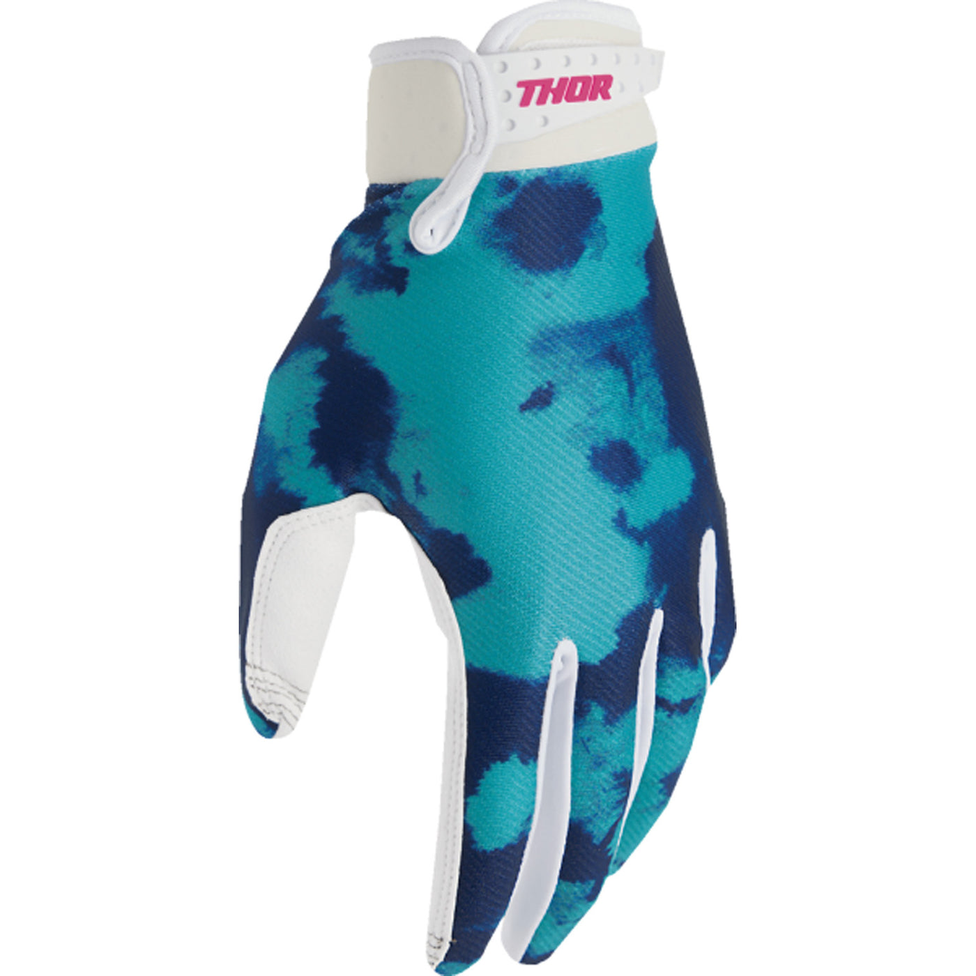 THOR Youth LAUNCHMODE Bleach Gloves White/Aqua - Back of Left Hand View