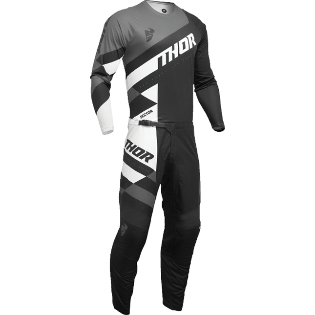 THOR Youth Sector Checker Jersey Black/Gray - Front View with Pants