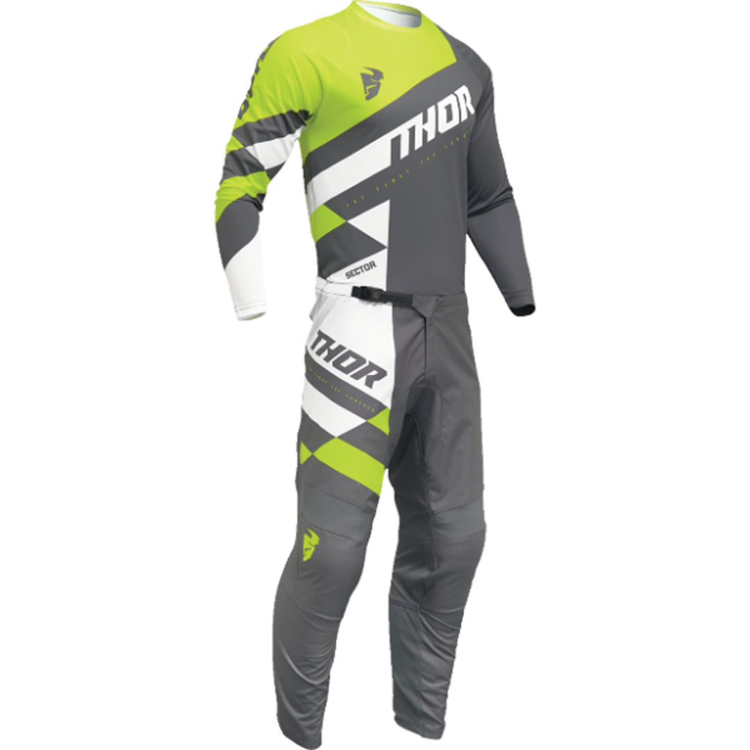 THOR Youth Sector Checker Jersey Gray/Green - Front View with Pants